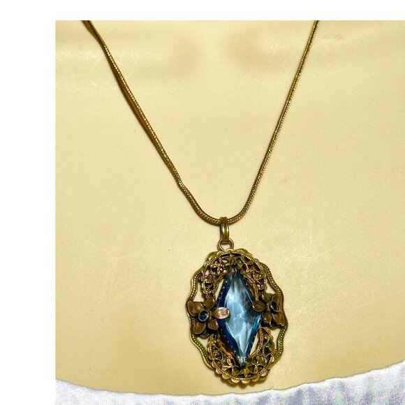 Victorian Blue Glass Diamond Shaped Filigree Pendant Necklace Gold Tone - Picture 3 of 8